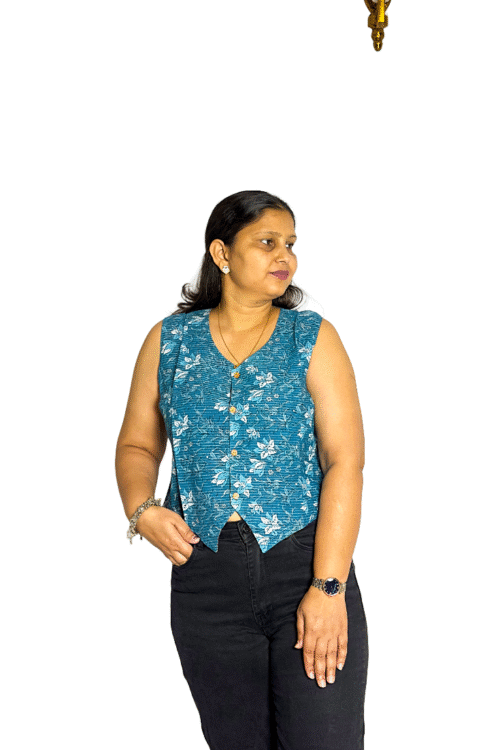 Teal Floral Sleeveless Cotton Blend Top