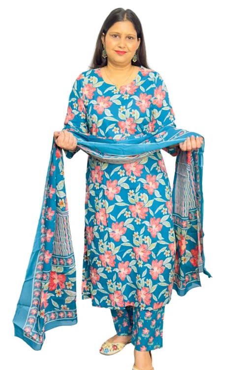Vibrant Blue Floral Cotton Suit with Mul Dupatta